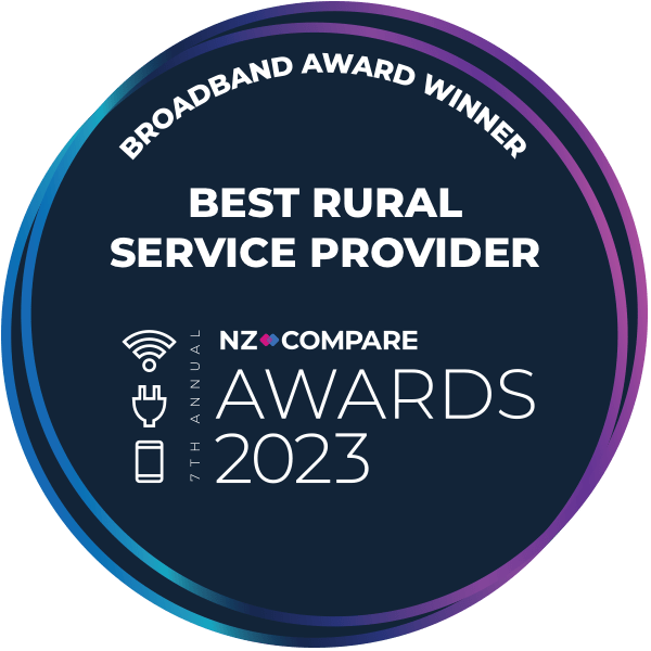 Ultimate Broadband's award badge for being the best rural broadband proivder in New Zealand for 2023